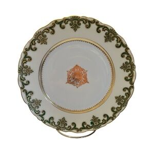 Limoges Elite Works Ornate Porcelain Dinner Plate with Green and Gold Filigree